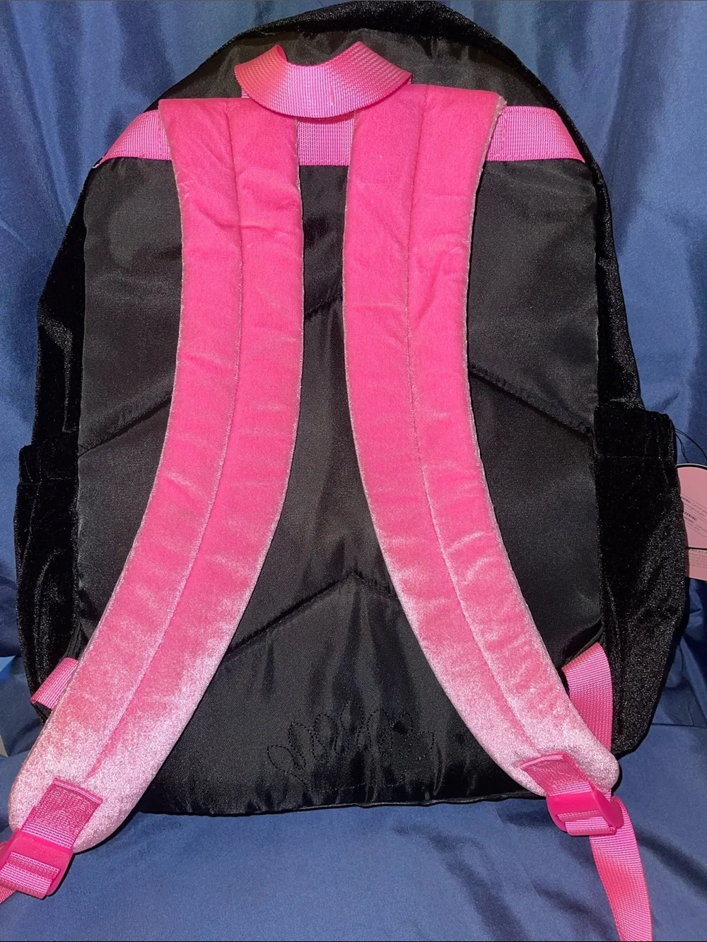 Juicy Couture Black Velvet Kids Backpack with Pink Trim and Rhinestones